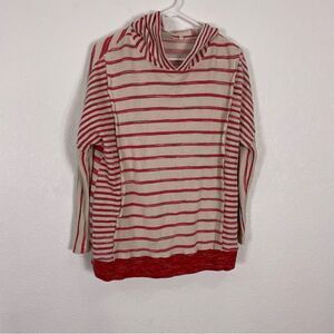 Soft Surroundings Red and‎ Ivory Striped Hooded Pullover Sweatshirt